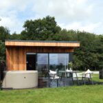 Modern cedar-clad cabin with hot tub and outdoor dining, Thornbrook Barn, Yorkshire
