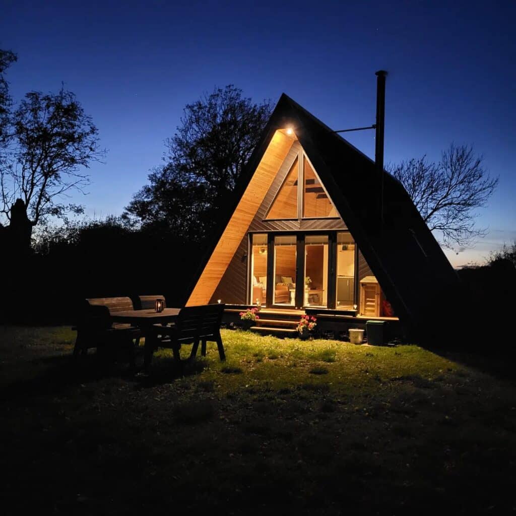 Cabin at night at Boundary Farm Saxmundham Suffolk