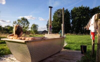 Outdoor bath hot tub at Manor Farm Feather Down Farms Hampshire