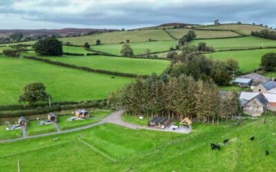 Aerial view of glamping pods among farm buildings and green Welsh hills