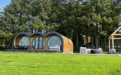 Triple-arched glamping lodge with round glazed ends backed by pine trees, Great House Farm, Wales