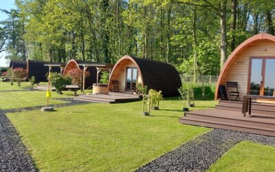 Row of timber glamping pods with private decking at Thornfield Camping Cabins, Cumbria