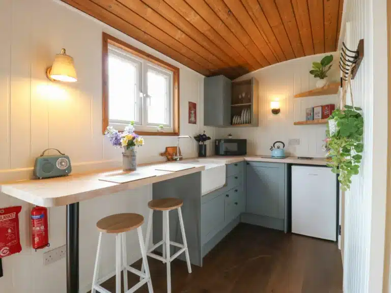 Kitchen in a shepherds hut at Shepherds hut at night at Lodeside Glamping Cambridgeshire