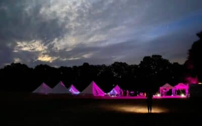 Group of Bell Tents at Wood View Farm at night