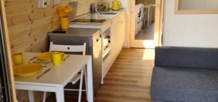 Kitchen at Alpaca Glamping Pod at Welltrough Farm Cheshire