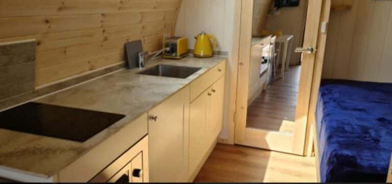 Kitchen at Alpaca Glamping Pod at Welltrough Farm Cheshire