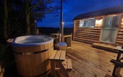 Hot tub lit up at night at Welltrough Hall Farm Cheshire