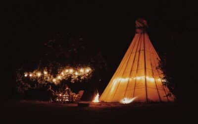Tipi at night at White House on Wye Herefordshire