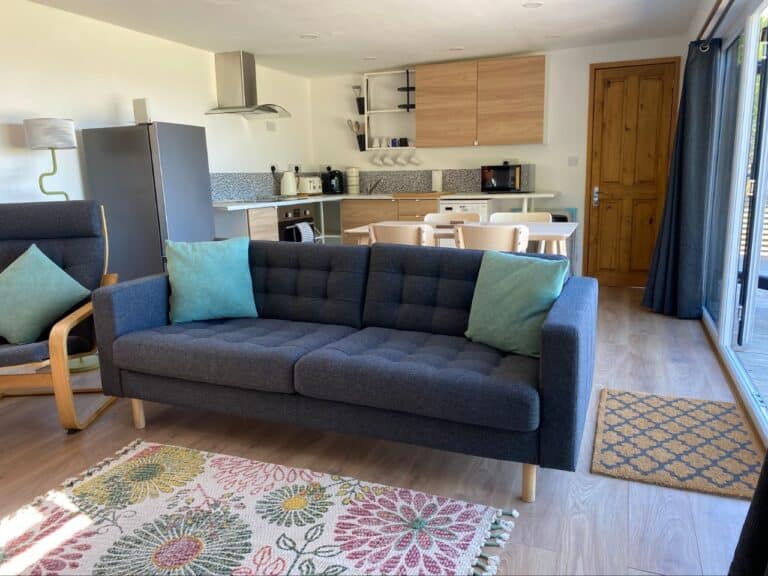 Open-plan cabin living area with a grey sofa, a kitchen behind and a patterned rug