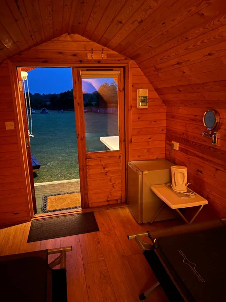 Inside at Glamping pod at night at whitehall Farm Norfolk