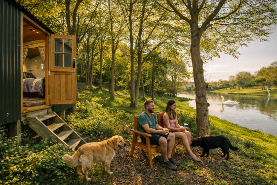 A man and a woman sit in wooden chairs outside a dark green shepherd's hut during the golden hour. A golden retriever and a black dog are on the grass nearby, and a white swan swims on a calm lake in the background. Warm sunlight filters through the surrounding trees, and the hut's open wooden door reveals a cozy interior with a bed.