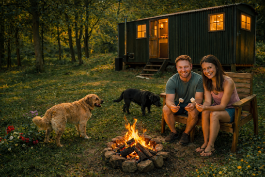 A man and woman sit in wooden chairs outside a dark green shepherd's hut during the golden hour. A golden retriever and a black dog are on the grass nearby, and a white swan swims on a calm lake in the background.