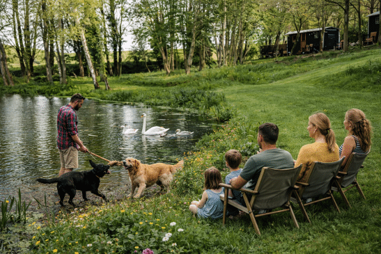 A group of people sits in camping chairs on a grassy bank watching a man play with two dogs by a lake where swans swim, with a shepherd's hut in the background.