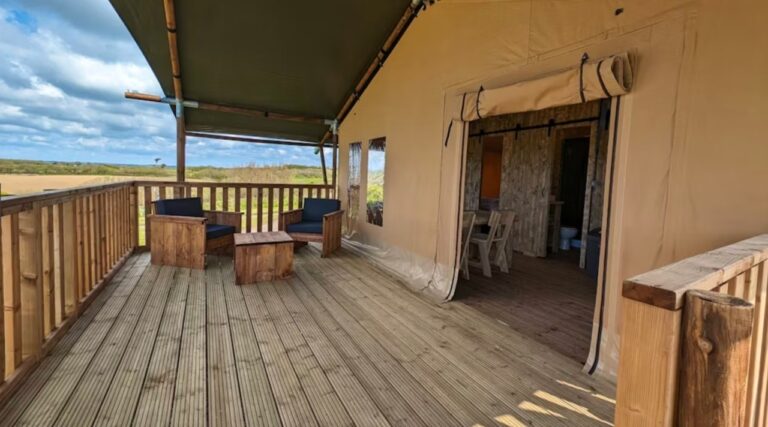 Lovely big deck outside Safari Tent at Widemouth Bay Bude Cornwall