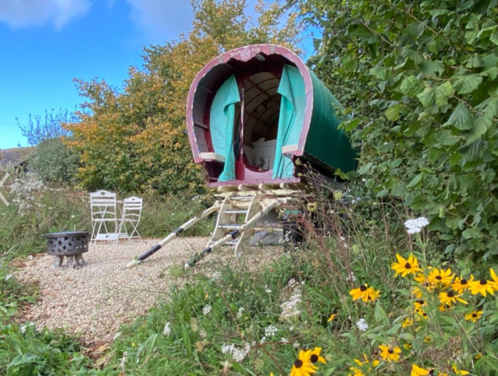 Garden at the Retro Vintage Gypsy Caravan atHoe Grange Holidays Derbyshire