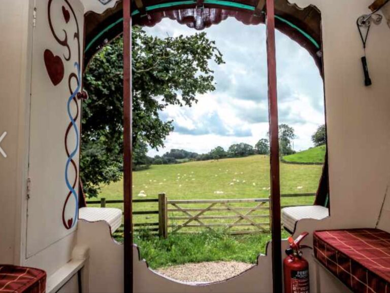 Views from inside the Retro Vintage Gypsy Caravan Hoe Grange Holidays Derbyshire