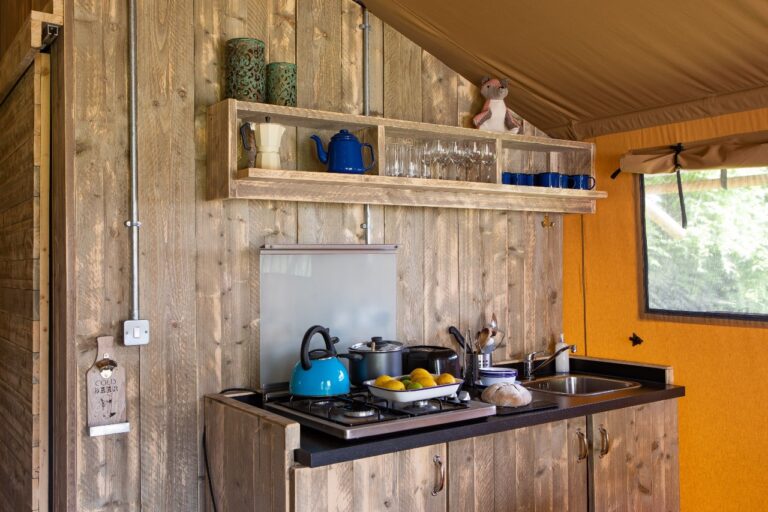 KItchen in a safari tent at Notgrove Holidays The Cotswolds