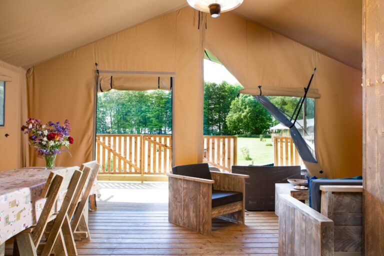 Looking out of a safari tent at Notgrove Holidays The Cotswolds