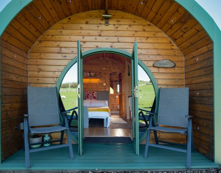 Outside a glamping pod at Hoe Grange Holidays Derbyshire and The Peak District