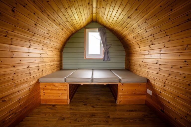 Glamping pod bed at Meadow Falls Lancashire