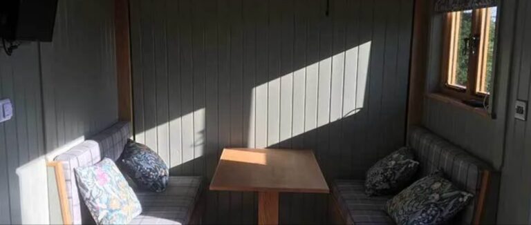 Dining area inside a Shepherds Hut at Stackstead Farm Glamping North Yorkshire
