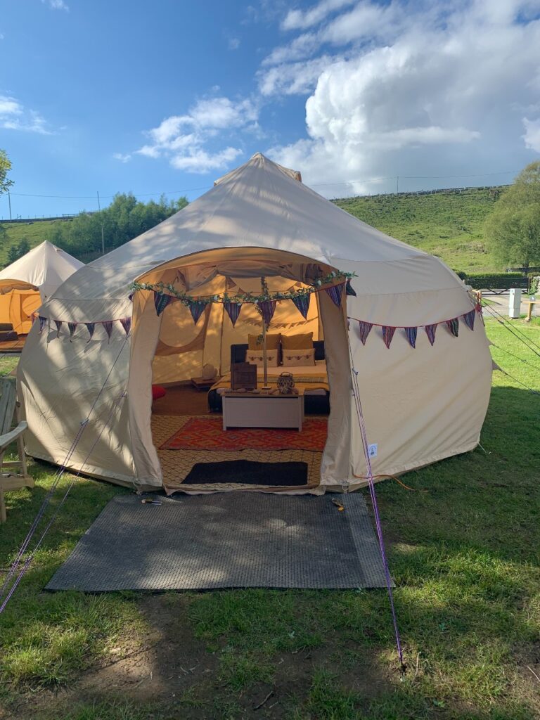 Outside a Luna Bell Tent at Nantcol Waterfalls Glamping Snowdonia