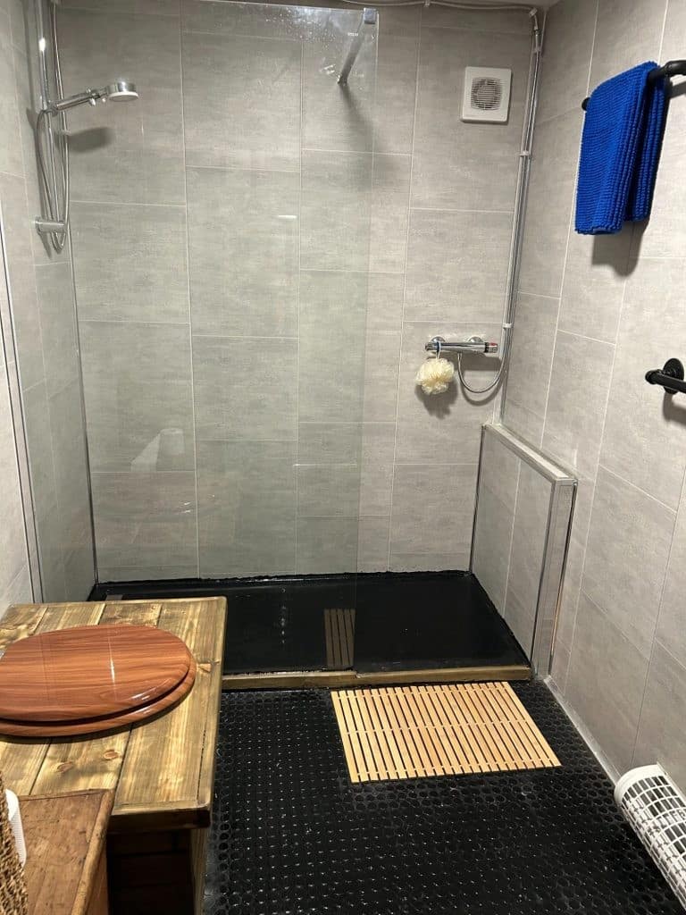 Shower and toilet in quirky converted London Bus for glamping at Bracken Barns Scotland