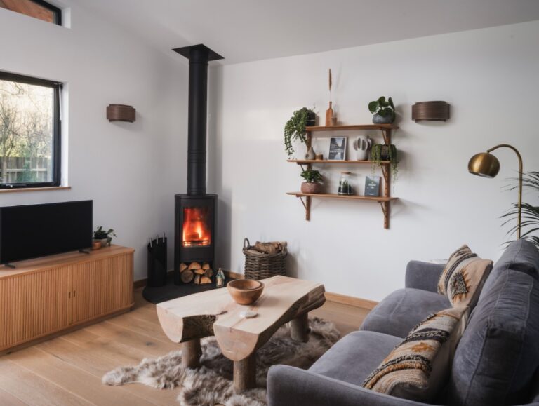 Woodburner in living area at Treehouse at Hinton Hideaways Somerset
