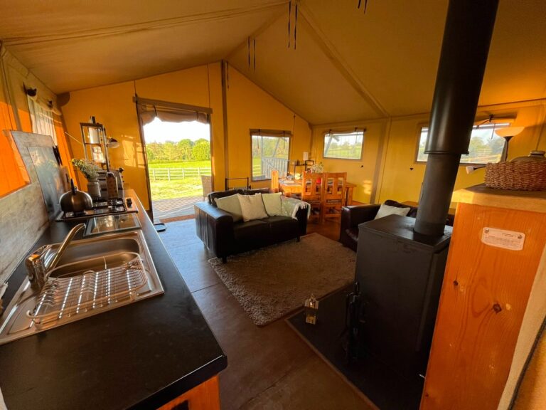 Inside a safari tent at Village Farm Hideaway Leicestershire