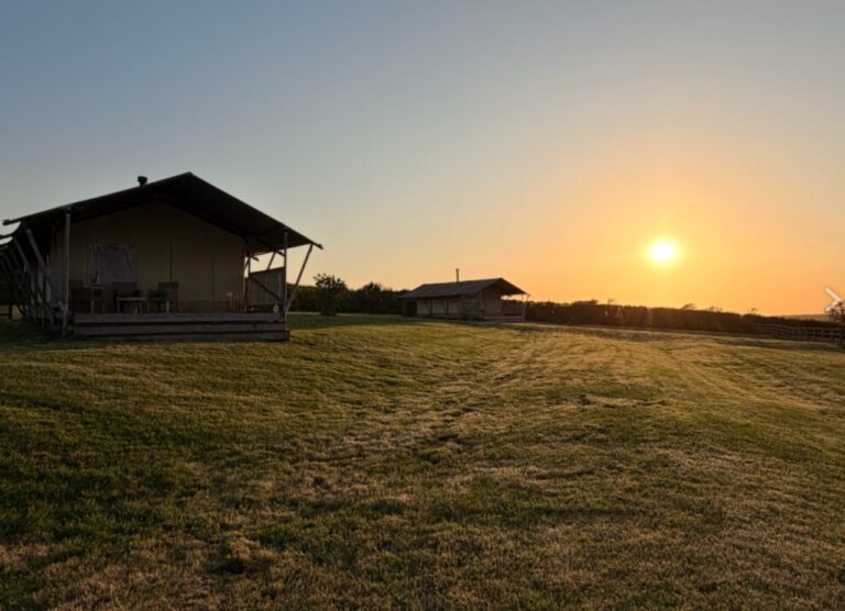 Safari Tent at Sunset in a field at Village Farm Hideaway Leicestershire