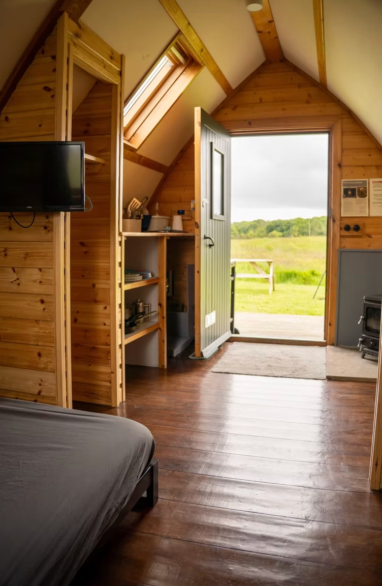 Inside a camping pod at Tranwell Farm with pine-lined walls, a wall TV, kitchen shelves and a wood-burner, the door open to the meadow beyond