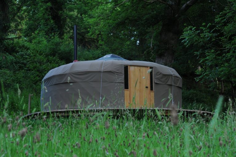 A secluded yurt in the long grass at Redwood Valley glamping, Powys