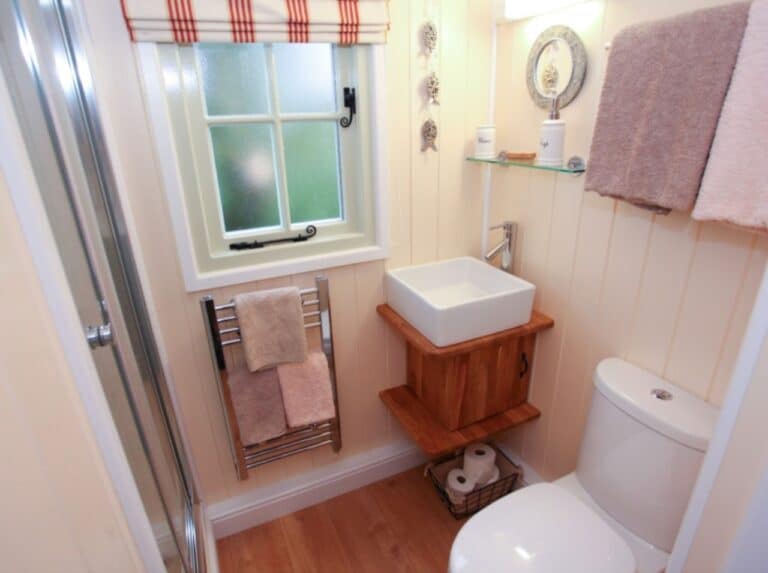 Private shower room with basin and WC inside a shepherd's hut at Abbey Farm